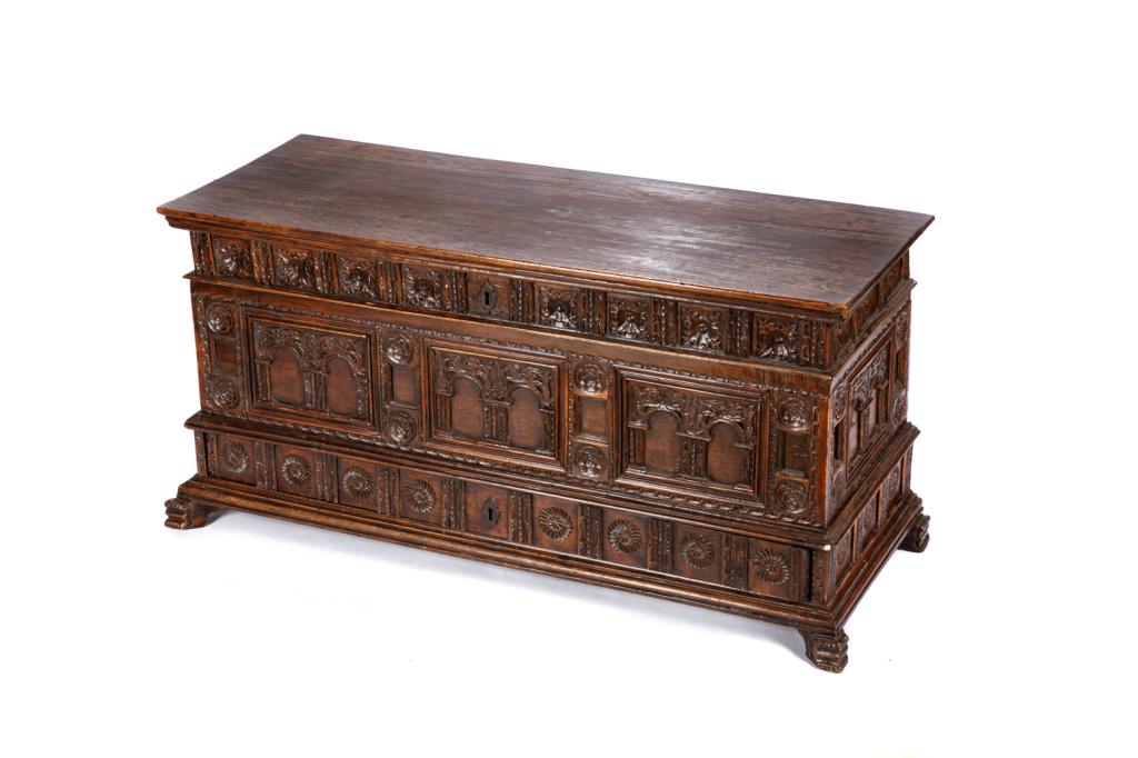EARLY SPANISH WALNUT CARVED CHEST (1 of 4)