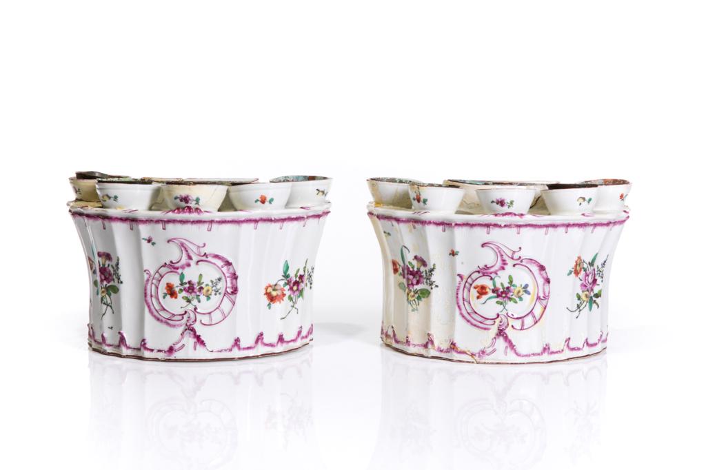 PAIR MID 18TH C FRENCH FAIENCE POTTERY BULB POTS (1 of 4)