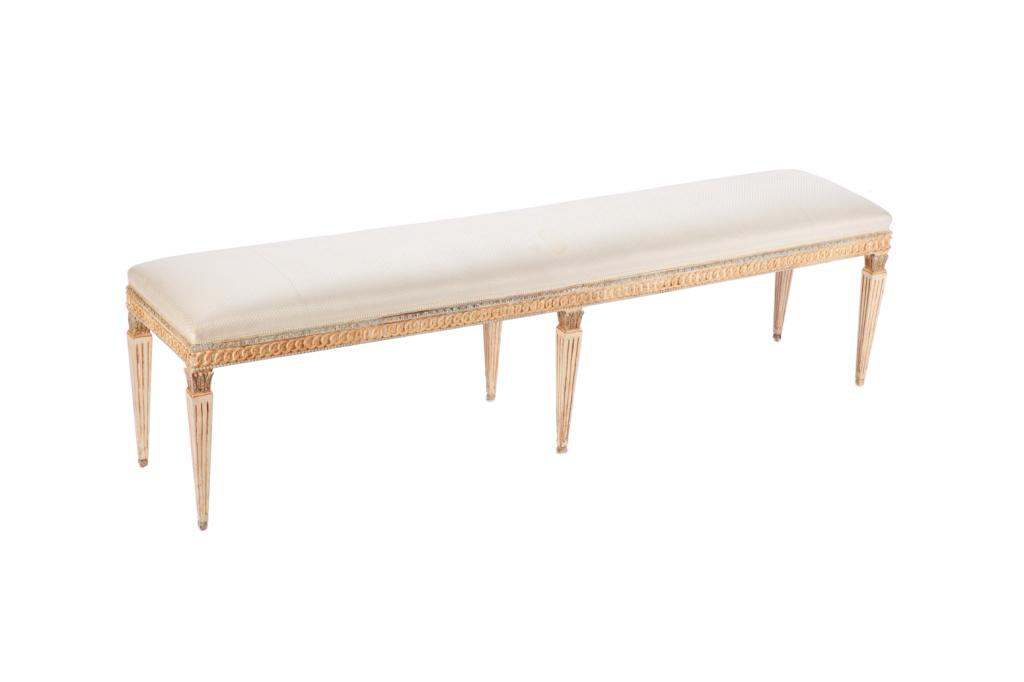 LONG FRENCH UPHOLSTERED AND PAINTED BANQUETTE (1 of 1)