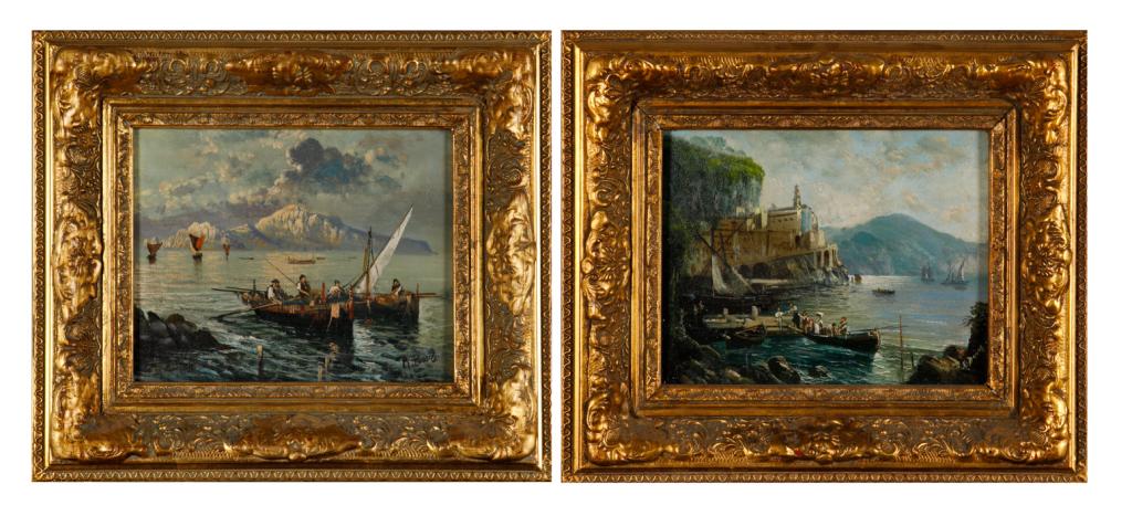 PAIR DECORATIVE PAINTINGS OF FISHING SCENES (1 of 3)