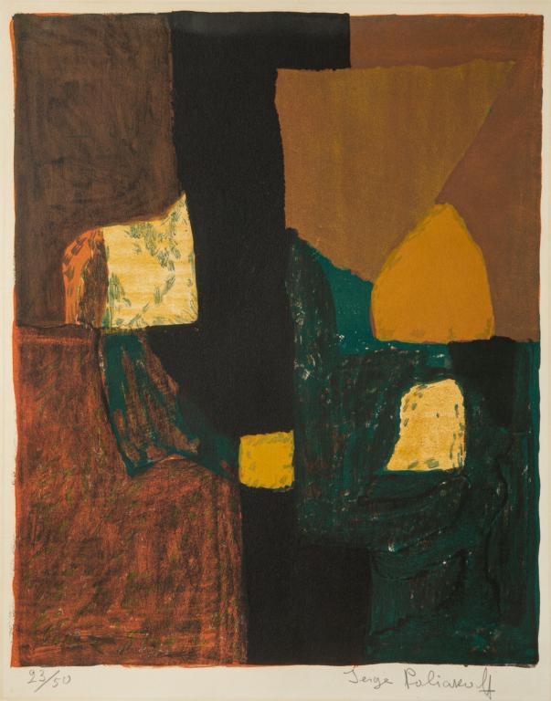SERGE POLIAKOFF (Russian, 1900-1969): Composition rouge, verte et jaune (1954) [Poliakoff/Schneider, 7] Colour lithograph on wove paper Signed and numbered 23/50 in pencil Size: 21.5 x 17.5 in.