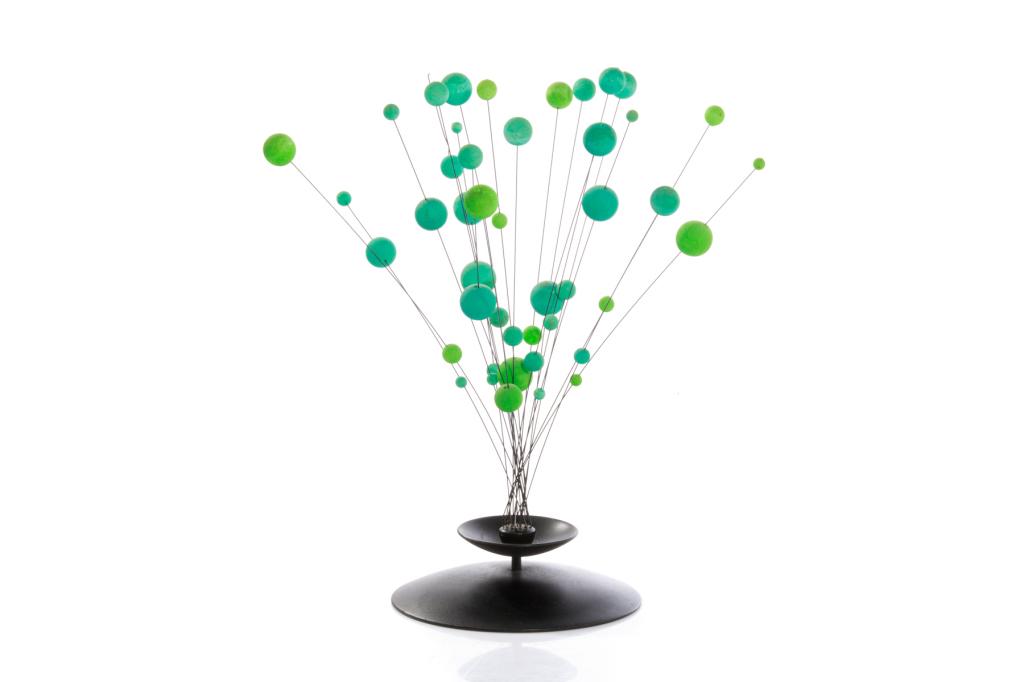 MID CENTURY MOBILE SCULPTURE: Czech made, black metal circular base with extending metal wires balancing turquoise and green painted orbs. H. approx 27 cm (10 5/8 in) Provenance: The Estate of the Late Senator E. Leo Kolber Westmo