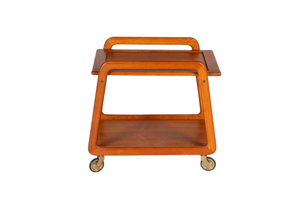 MID CENTURY TEAK BAR CART: Two-tier cart on casters. Top is a removable drinks tray. Mid-20th c. H. 22 1/2" W. 23 1/2" D. 15 3/4"