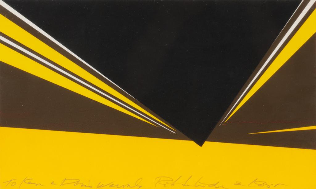 RITA LETENDRE (Canadian, b. 1928): Untitled Silkscreen Signed and dedicated on the image: to Ken and (?) warmly Rita Letendre & Kosso Size: 6.75 x 11.5 in. Inscription in pencil to frame paper verso: Next to Ken, I feel quite alive, I