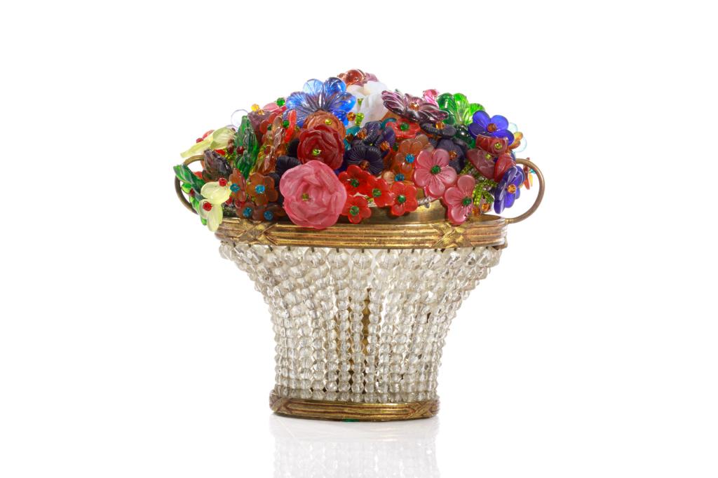 CZECH BEADED GLASS FLOWER BASKET LAMP: Czech, circa 1930s. Flower basket form made up of faceted clear glass beads, with bouquet of polychrome frosted glass flowers and beaded accents. H. 16 cm (6 1/4 in) W. 18 cm (7 in)