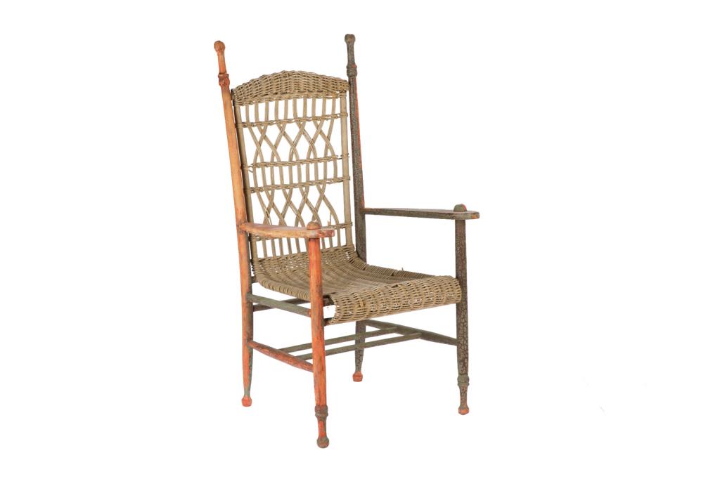 ANTIQUE PAINTED OPEN ARM CHAIR: With wicker seat and back. 20th c. H. 46 1/2" W. 26 1/4" D. 25 1/2"