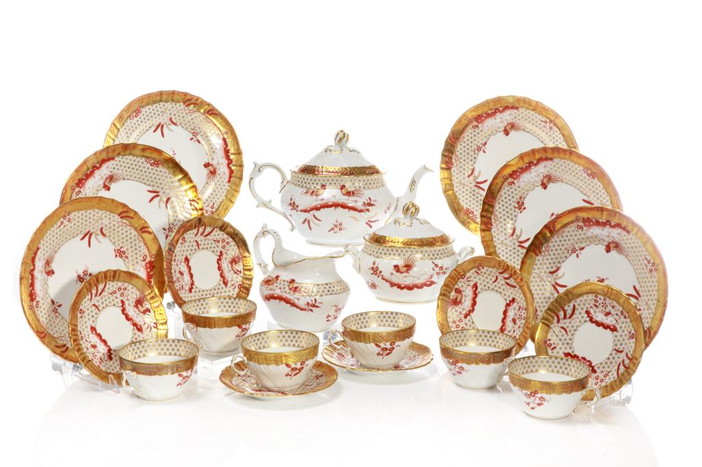 RICHARD GINORI SIENA RUST 15 PIECE TEA SERVICE: Italian, 20th century. White ground porcelain with gilded trims and patterned bands, with decorative chicken motifs in a rust red tone. Makers marks to the underside of each, comprising: One teapot On