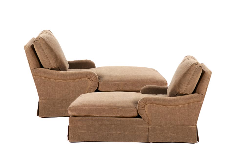 PAIR OF CONTEMPORARY UPHOLSTERED CHAISE LOUNGES: Contemporary brown textured twill chaise lounges with seat and back cushions in matching fabric. Likely custom. 20th C. H. 34" W. 32" D. 63"