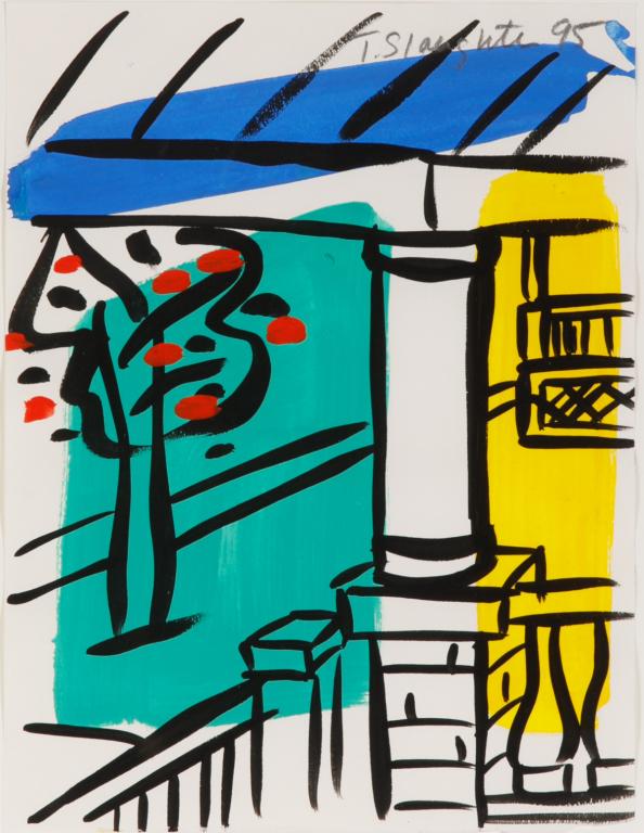 TOM SLAUGHTER (American, b. 1955): Front Porch (1995) Gouache on rag paper Signed and dated Size: 12 x 9 in.