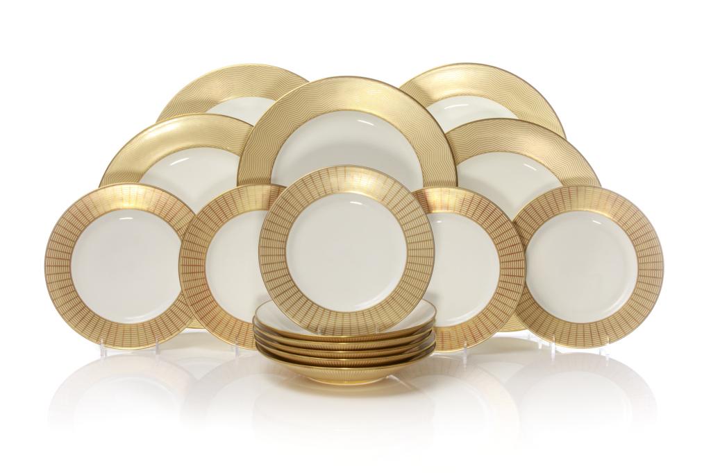 RICHARD GINORI DANDY GOLD 15 PC PORCELAIN DISH SET: Italian, 20th century. White ground porcelain dishes with gold tone geometric patterned borders. Inscribed with makers marks and pattern name on the underside of each piece, Gian Battista Vannozi for 