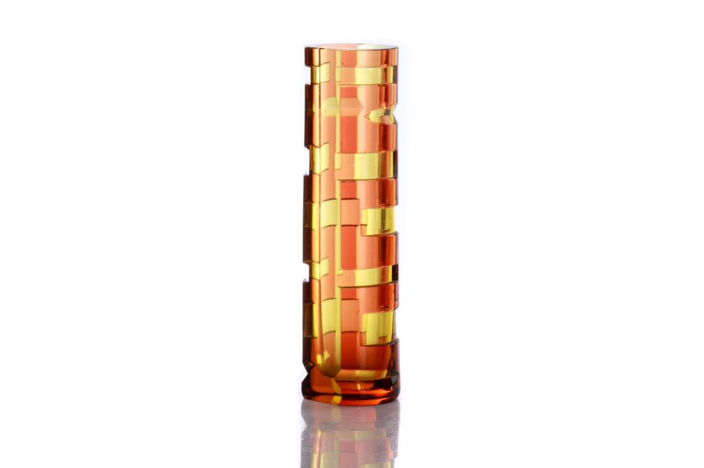 MID CENTURY CZECH GLASS VASE: Exbor style, attributed to Pavel Hlava. Unmarked, tall yellow glass vase with faceted geometric orange design surrounding. H. 26 cm (10 1/4 in)