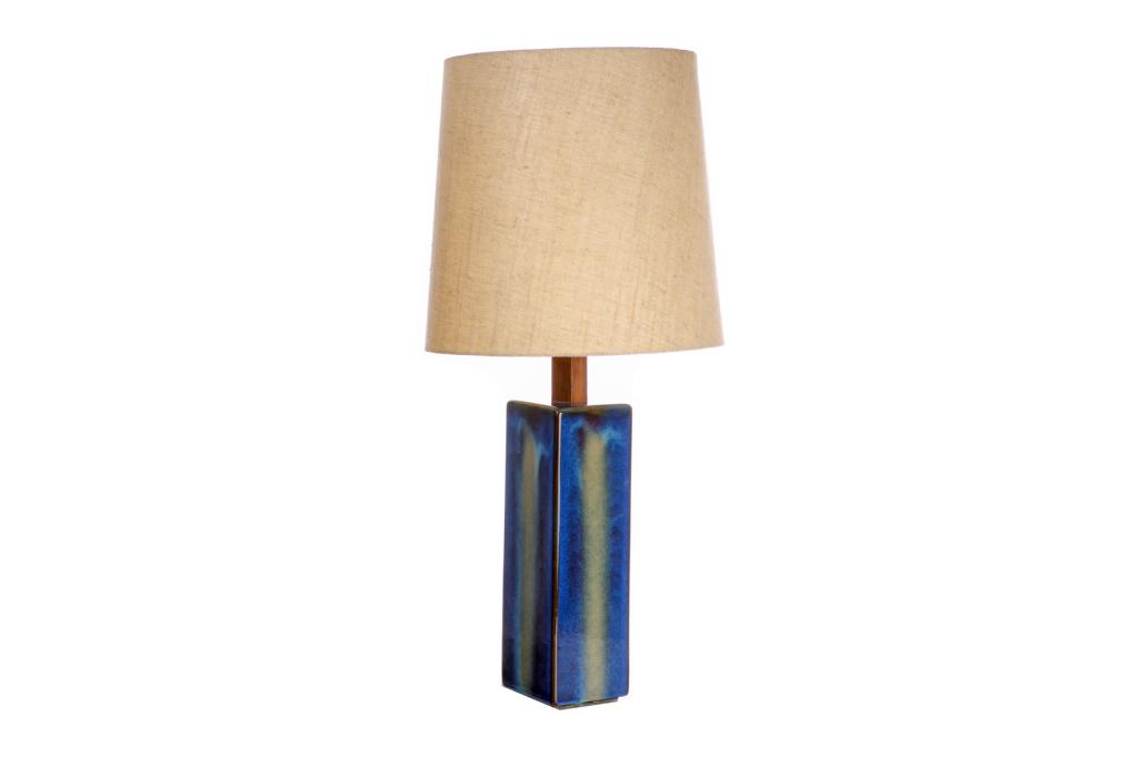 MID CENTURY DANISH POTTERY TABLE LAMP BY SOHOLM: Vintage Scandinavian rectangular form table lamp with blue and green glazed stoneware and woven lamp shade. Signed on base Soholm Denmark. c.1960s. H. to top of shade: 79.3 cm (31 1/4 in.) H. to top o