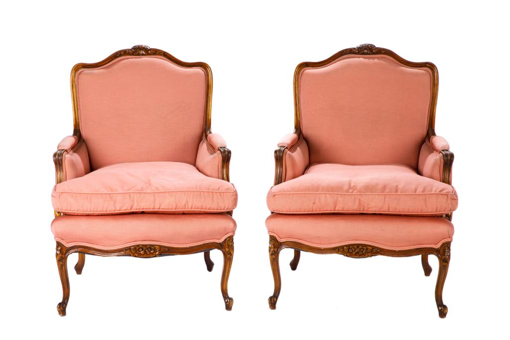 PAIR OF LOUIS XV STYLE BERGERES: With rose upholstery and down filled cushion. H. 37 3/4" W. 27 1/2" D. 24"