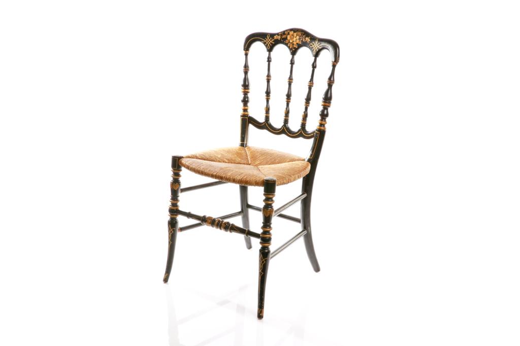 SMALL BLACK CHAIR RATTAN SEATING: Hitchcock style side chair with rush seating H. 33" W. 16" D. 17 1/2"