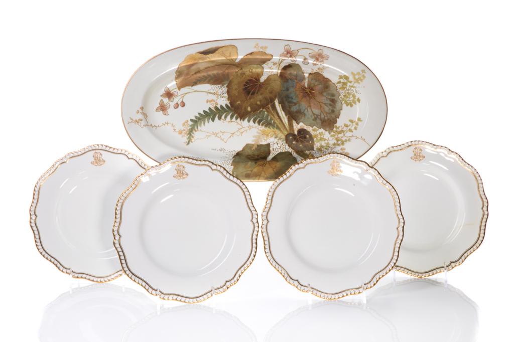 DOULTON BURSLEM FISH PLATTER & FOUR SPODE PLATES: English, 20th century. Four white ground porcelain dinner dishes with scalloped edge, gilded trims and monogrammed. Spode Copeland makers mark inscribed on underside. Dia. 26 cm (10 1/4 in) Together w