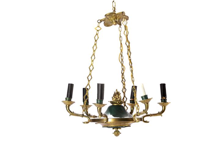 SMALL EMPIRE STYLE HANGING LIGHT FIXTURE: A six-light chandelier with bronze and green metal, topped with an eternal flame. First half 20th C. H. to ceiling plate: approx. 20" Dia. 20"