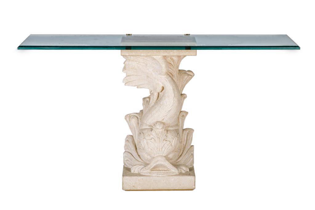 FIGURAL CONSOLE TABLE WITH GLASS TOP: Concrete pedestal base carved in the form of a dolphin topped with a glass table top. H. 33" W. 55 3/4" D. 15"