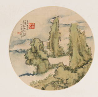 LIANG YUWEI (?-1913), CIRCULAR FAN PAINTING: 梁于渭 Mountain landscape. Ink and color on circular silk fan, mounted as a sheet. Signed Liang Yuwei, with one artist seal. Cyclically dated 1902. Fan dia. 27cm (10 1/2 in.) Provena