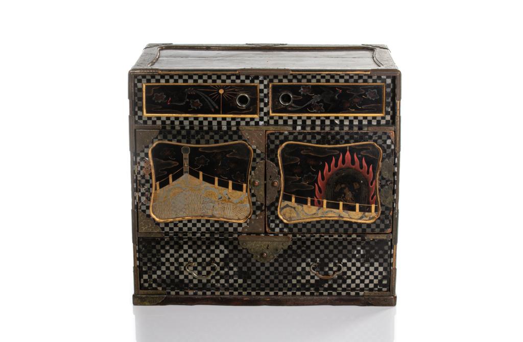 EDO JAPANESE PAINTED LACQUER CHEST OF DRAWERS: Top compartment with a pair of sliding doors, middle compartment with a pair of swing doors, and lower compartment with a full sized drawer. Painted with ho-ho birds and decorative florals and checker