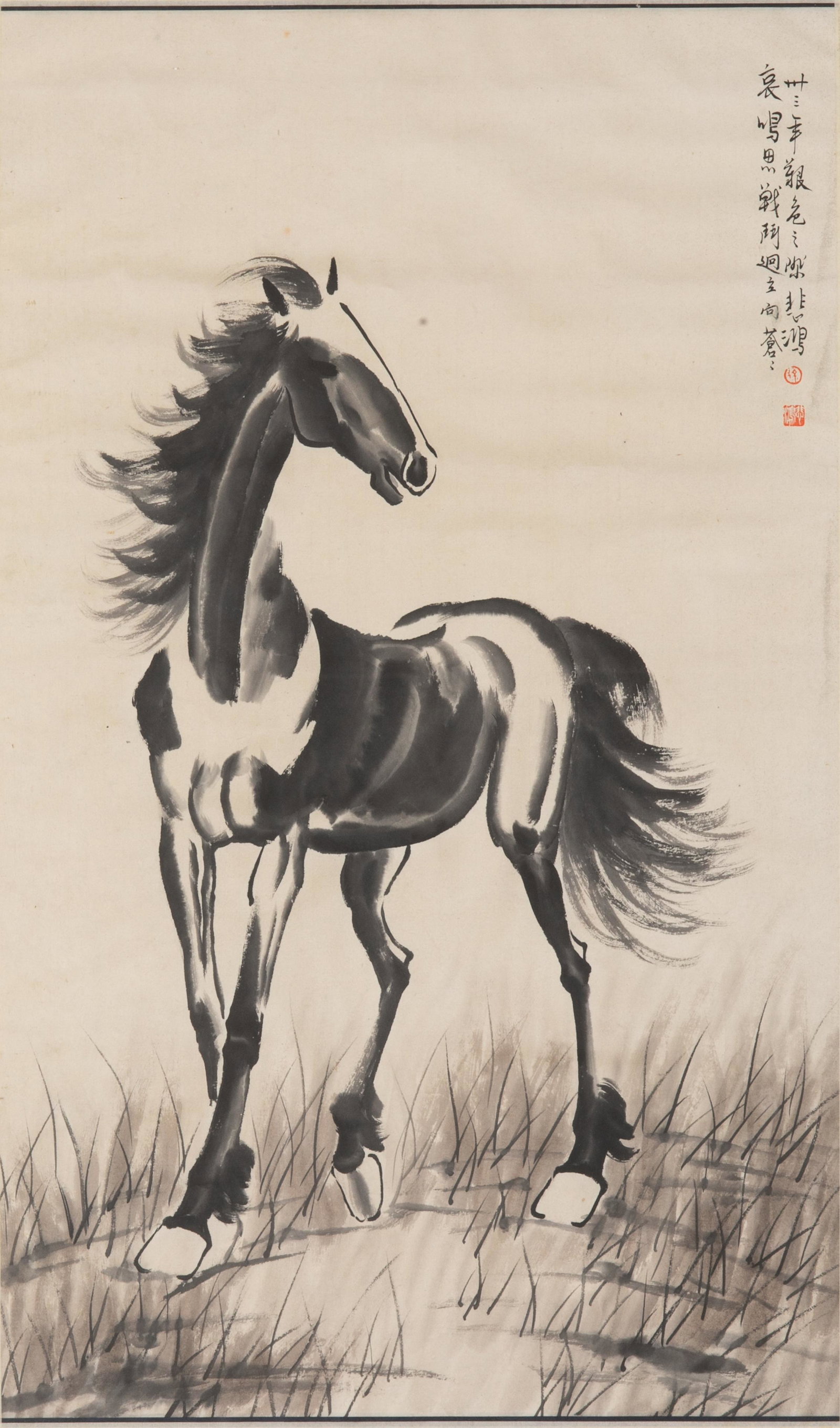 AFTER XU BEIHONG, FRAMED PAINTING OF HORSE: 徐悲鴻 Ink on paper, mounted as a sheet and framed. Signed to top right with two red seals. Frame size: 129 x 76cm (50 3/4 x 30 in.) Condition report available upon request.