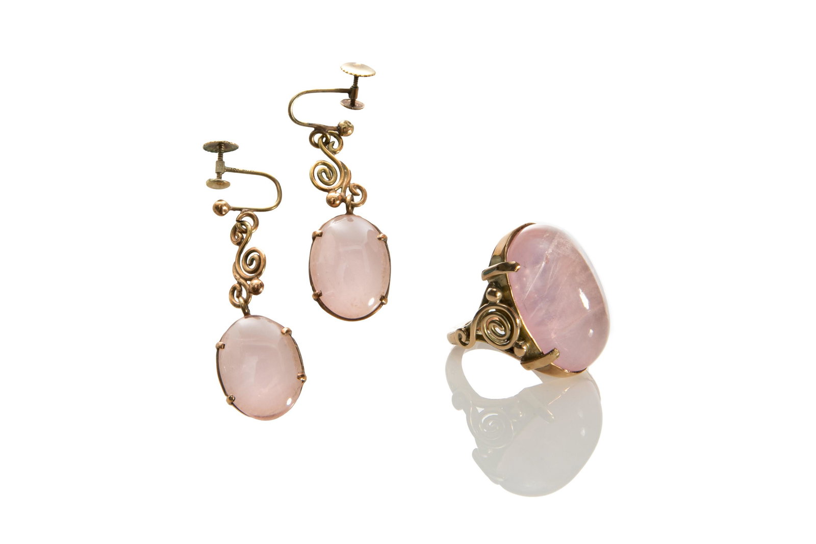 GOLD AND ROSE QUARTZ RING & EARRINGS, 21g (1 of 2)