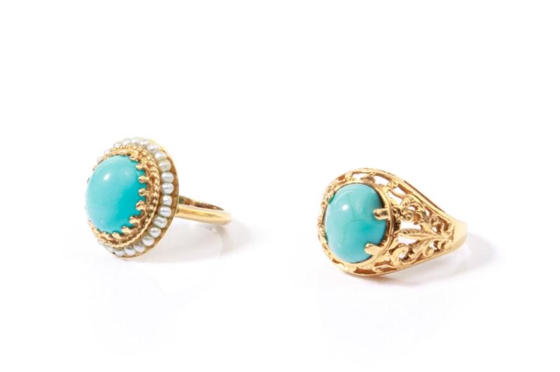 TWO VINTAGE GOLD & TURQUOISE RINGS, 6g (1 of 4)