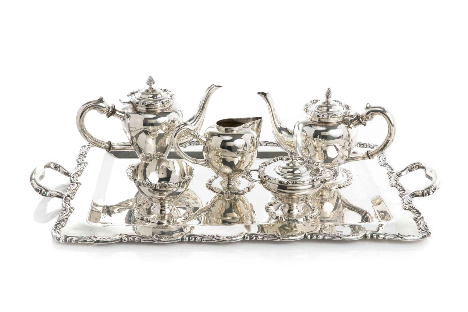 FIVE PIECE PERUVIAN SILVER TEA SET & TRAY, 5,039g (1 of 6)