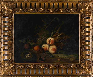 AFTER RACHEL RUYSCH (Dutch, 1664-1750): Still Life with Fruit and Insects after Rachel Ruysch Oil on canvas Size: 18 x 23.5 in. In a carved gilt wood frame Likely executed 19th C. Note: original painting is in the Uffizi Gallery