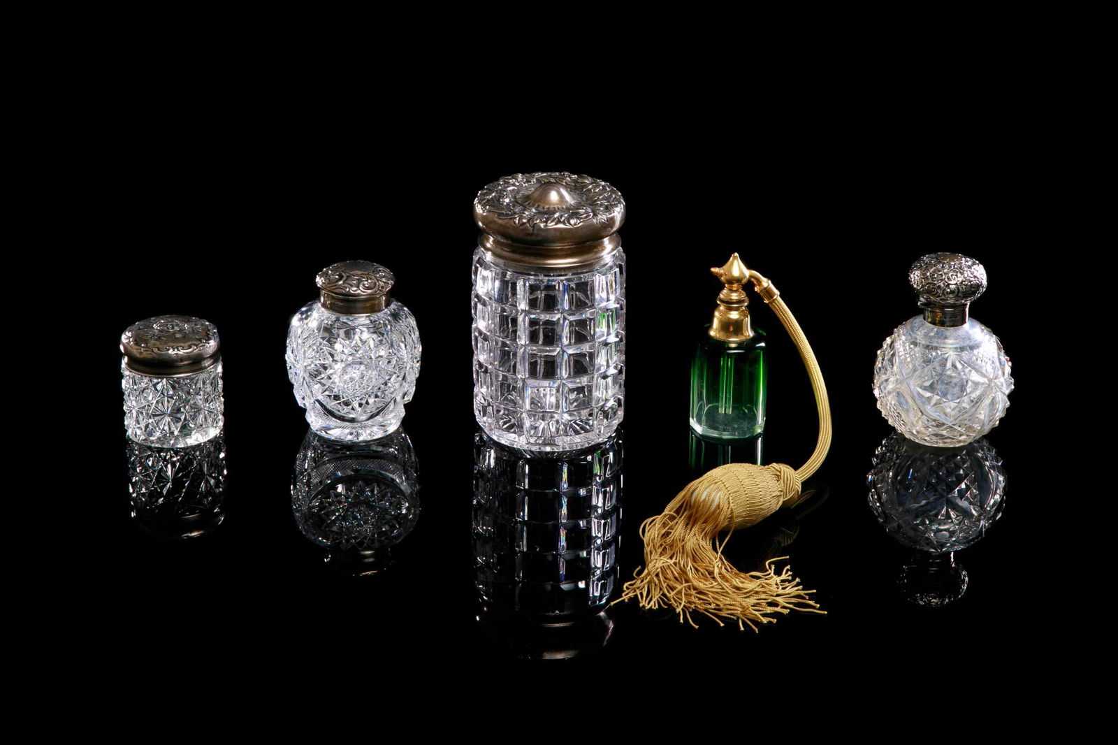 FIVE SILVER TOPPED & CUT GLASS VANITY BOTTLES, 68g (1 of 6)