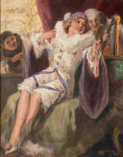 RICHARD GEIGER (Austrian, 1870-1945): Columbine and Pierrot Oil on canvas Signed lower right Size: 19.75 x 16 in.