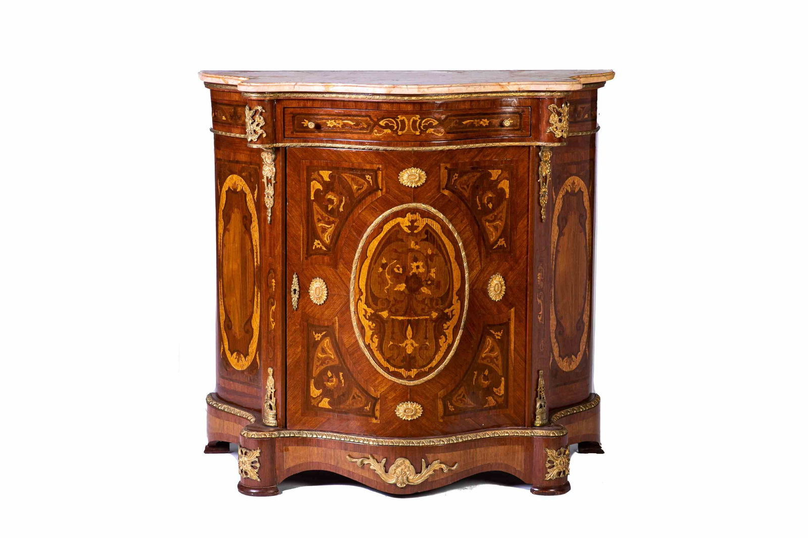 FRENCH INLAY BOMBE CHEST WITH ORMOLU MOUNTS (1 of 6)