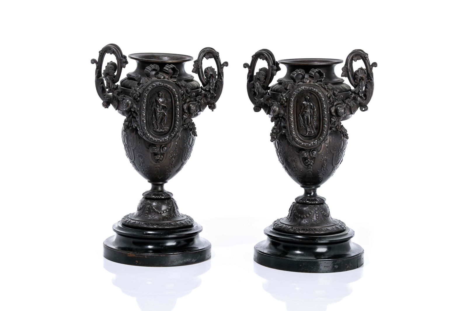 PAIR OF PATINATED METAL URNS (1 of 6)