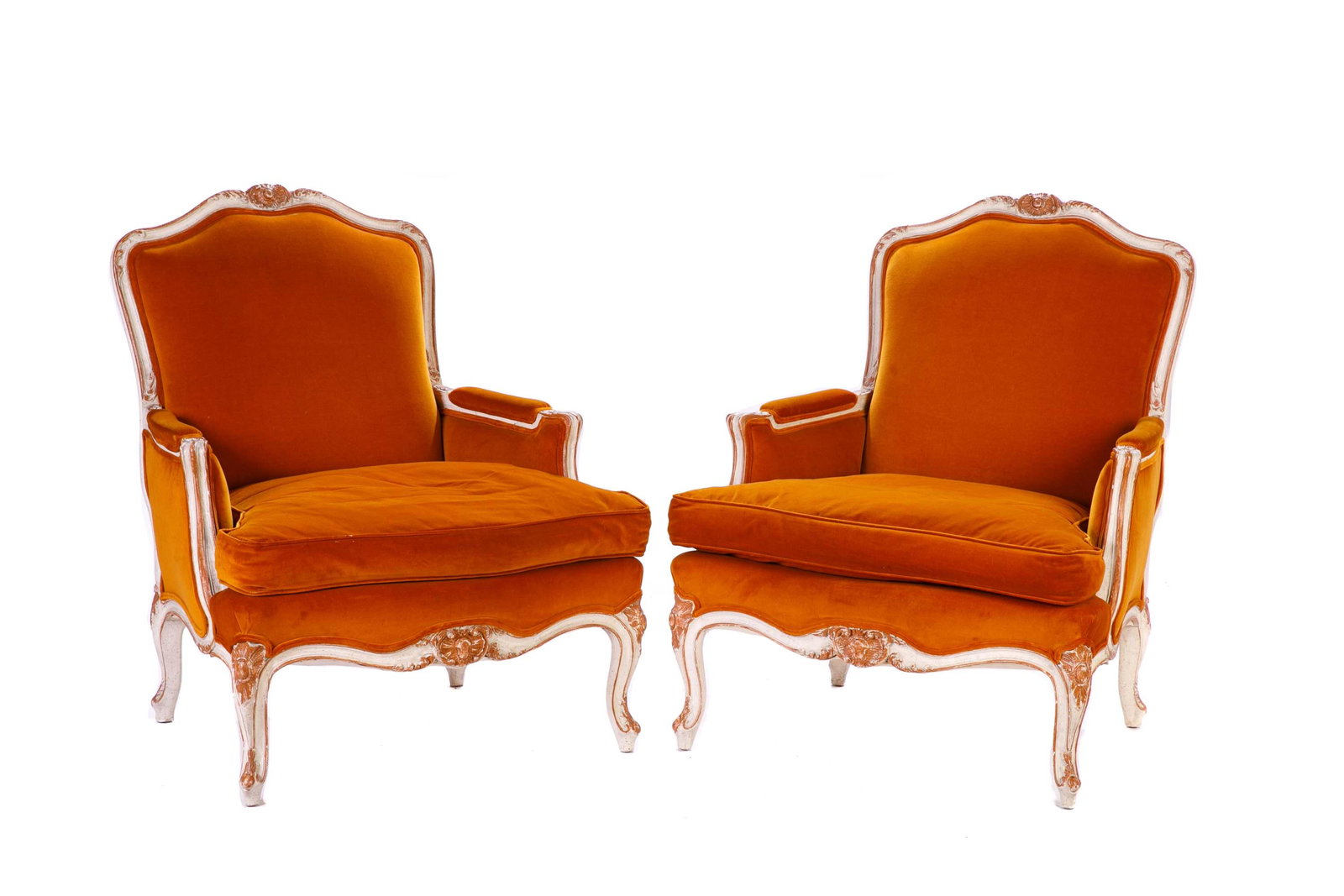 PAIR OF LOUIS XV STYLE BERGERE CHAIRS: Carved wood frames with painted finish. Cabriole legs. Upholstered in orange velvet. 20th c. H. 37 1/2" W. 30" D. 36"