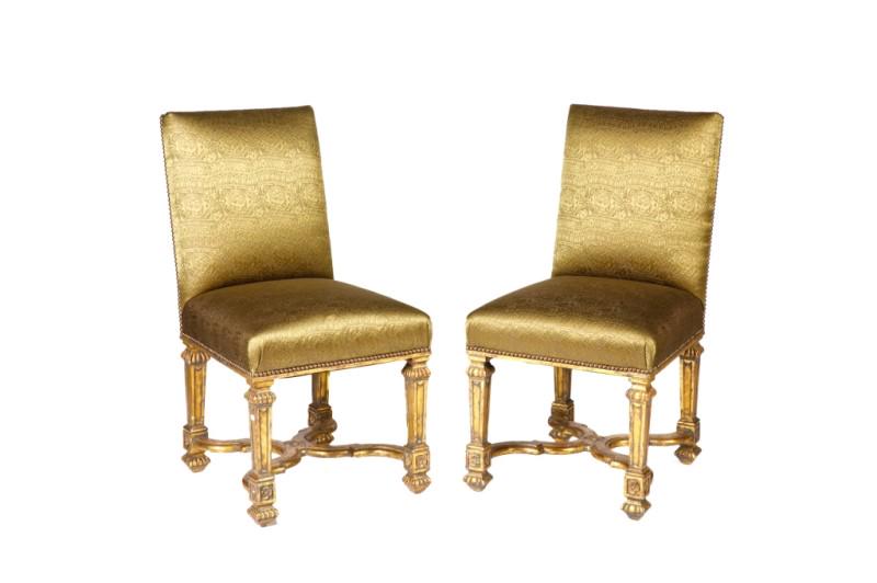 PAIR OF FRENCH GREEN SILK UPHOLSTERED CHAIRS: Parson style with carved giltwood base, 19th C. Size: H. 38" x W. 20" x D. 21"