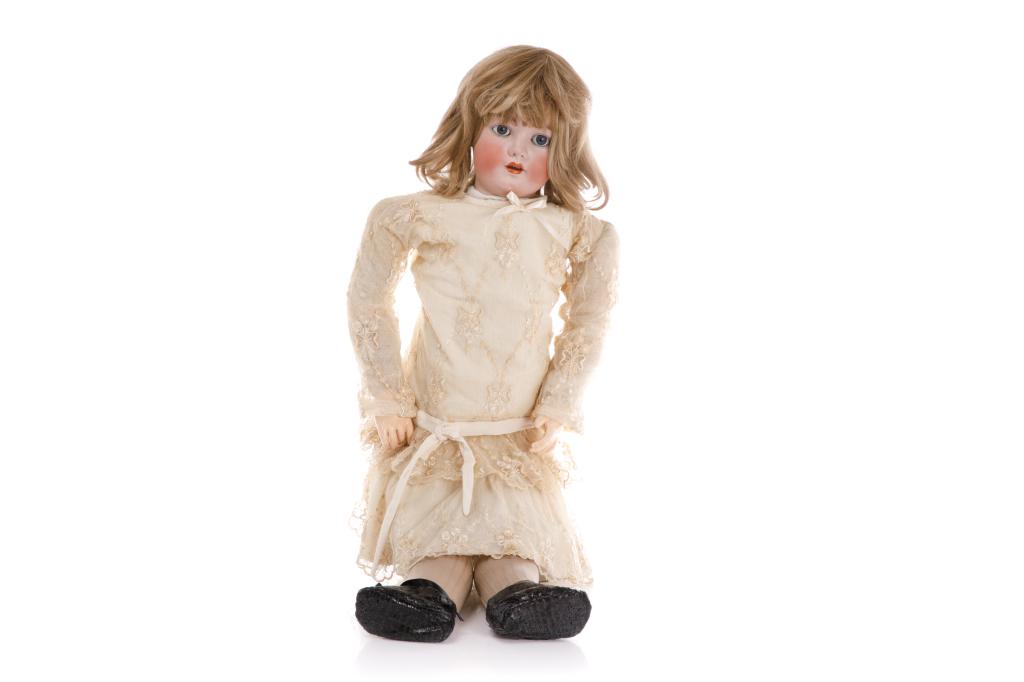 LARGE 19TH C SIMON & HALBIG FEMALE CHARACTER DOLL: Large female doll with swivel socket bisque head, weighted sleep blue glass eyes, feather painted lashes and brows, open closed mouth with porcelain teeth, dimpled chin, and blonde wig. On a compositi