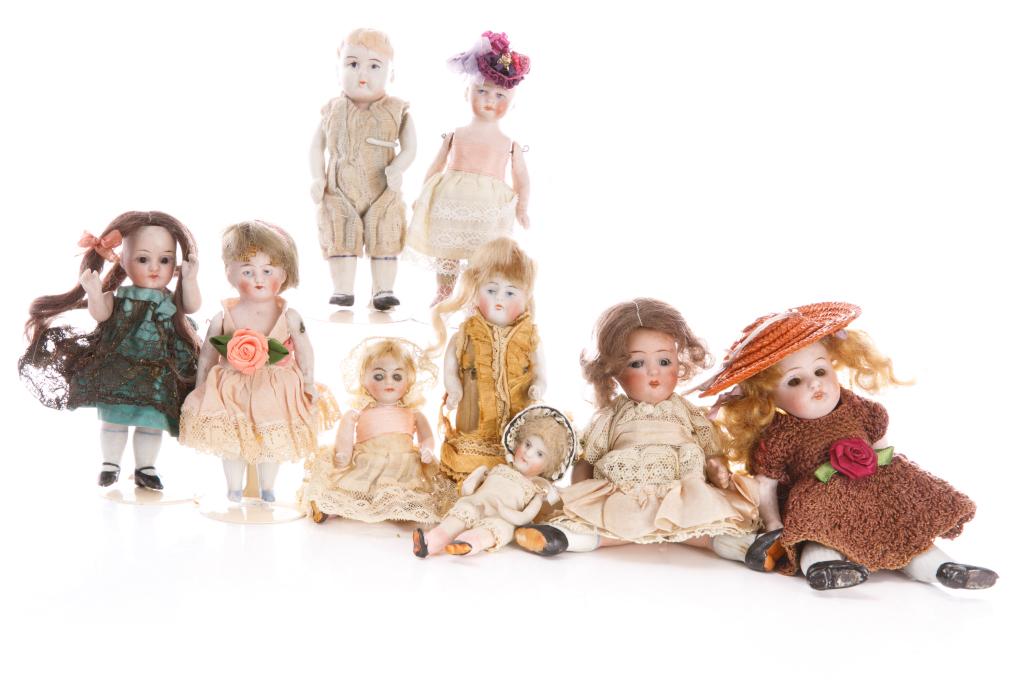 NINE MINIATURE PORCELAIN ANTIQUE DOLLS (1 of 3)