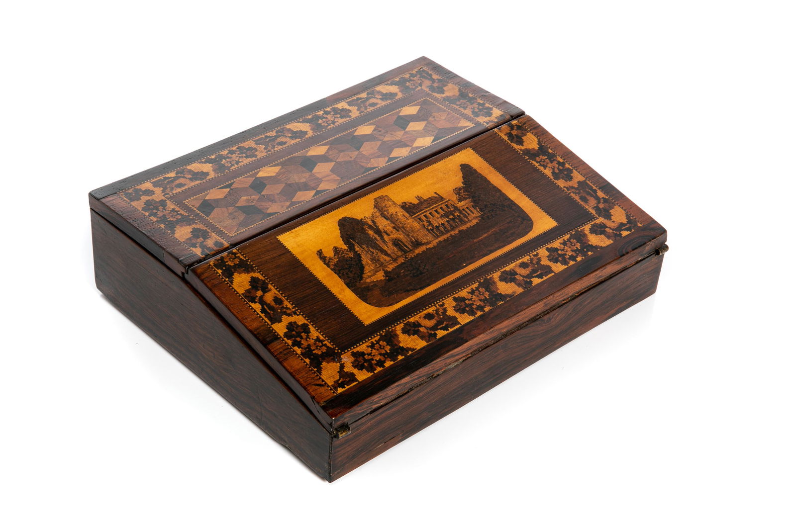 TUNBRIDGE WARE WRITING SLOPE WITH MIXED WOOD INLAY (1 of 6)
