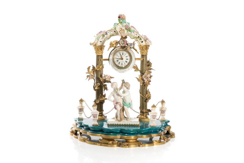 PORCELAIN & GILDED METAL FIGURAL MANTLE CLOCK (1 of 6)