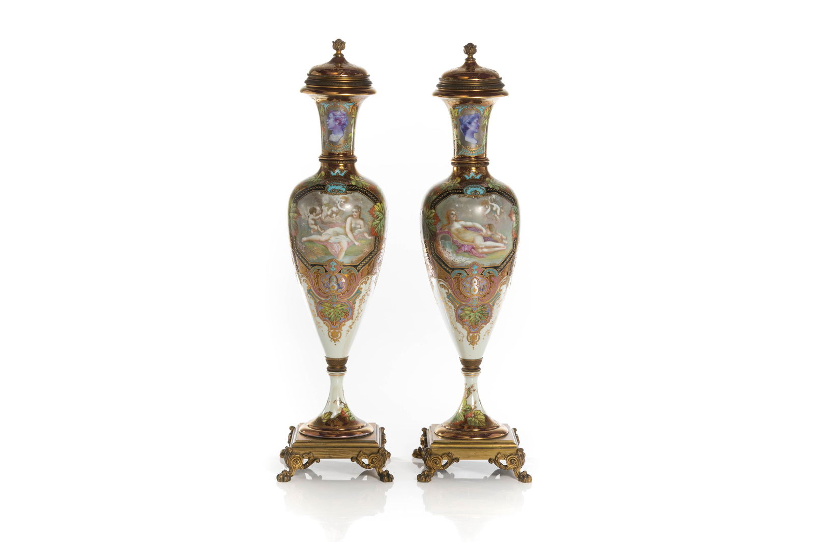 FINE PAIR OF PAINTED PORCELAIN FRENCH VASES (1 of 6)
