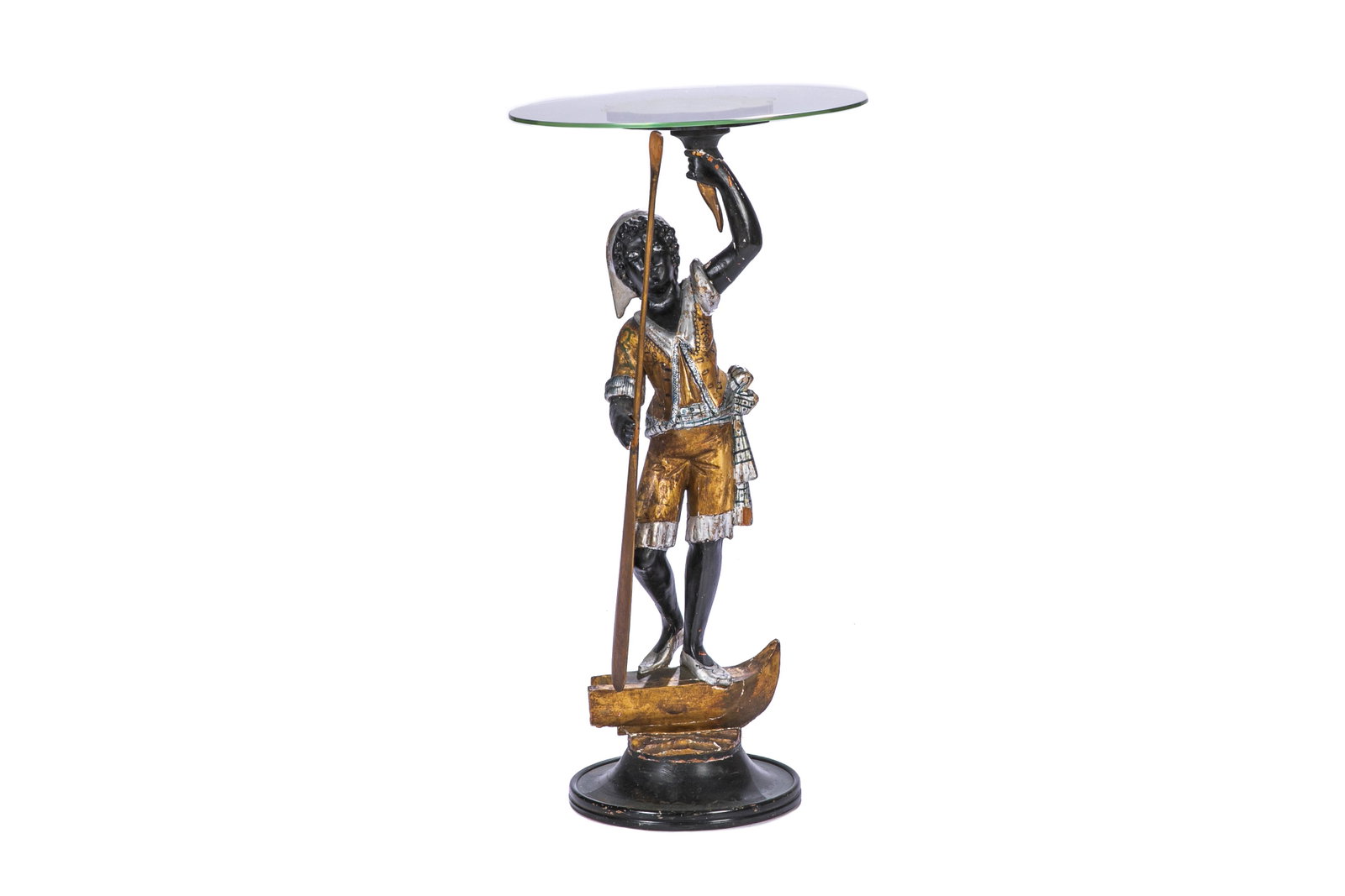 BLACKAMOOR SIDE TABLE: Painted wood and plaster. In motif of Italian gondolier holding torch as base for platform surface. H. 31" Dia. 16"