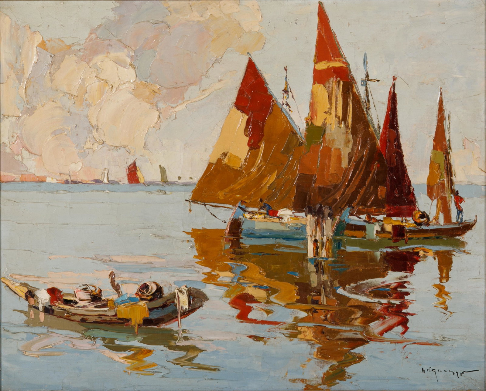 RUDOLPH NEGELY (Hungarian, 1883-1950): Seascape with Merchant Sailboats Oil on canvas Signed lower right Size: 22.5 x 27 in.