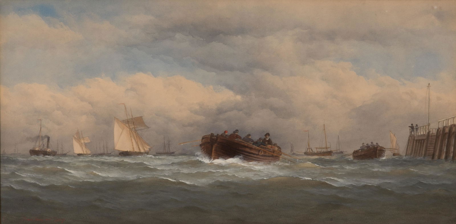 CHARLES TAYLOR (British, active mid/late 19th C): Shoreward in the Jolly Boat Watercolour Signed and dated 1889 (?) lower left Size: 14 x 29 in. (sight)