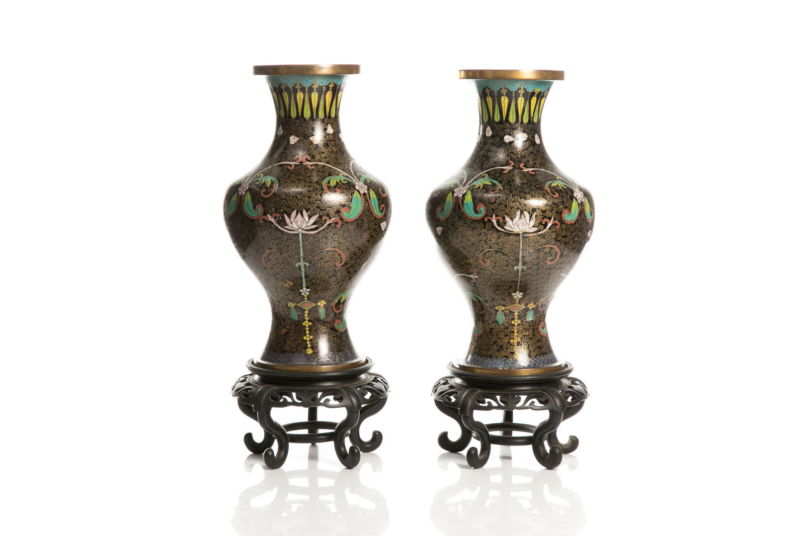 PAIR OF BLACK CLOISONNE VASES (1 of 3)