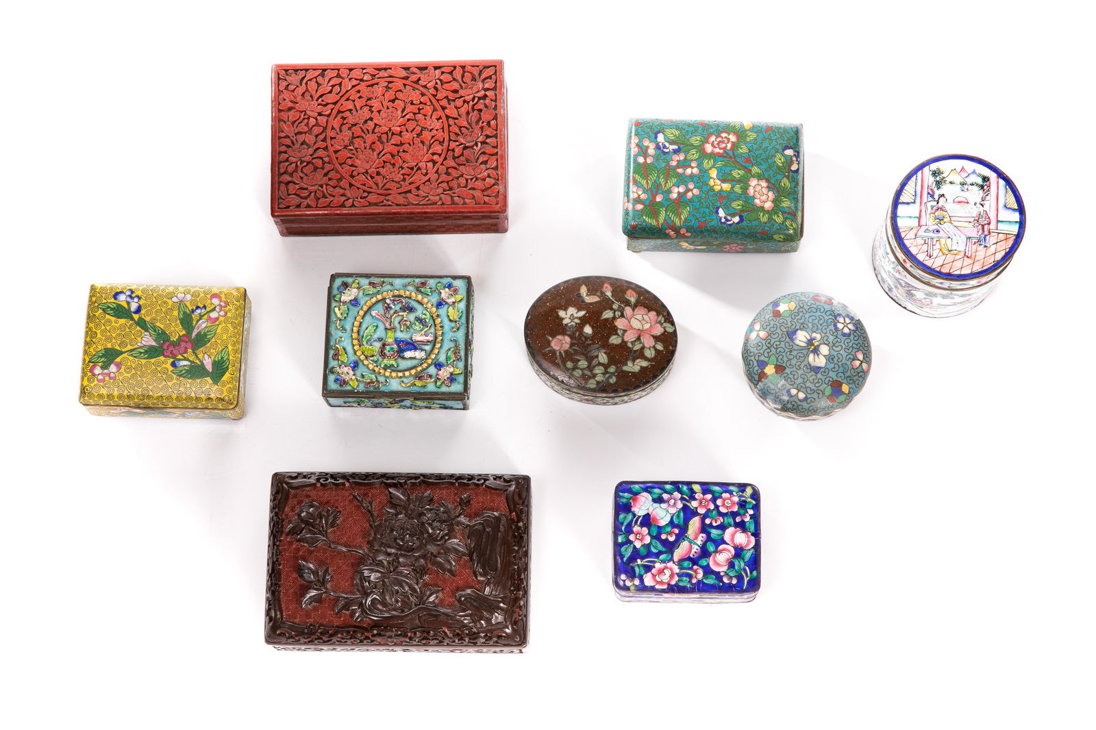 NINE CLOISONNE, LACQUER & CANTON ENAMEL BOXES (1 of 5)