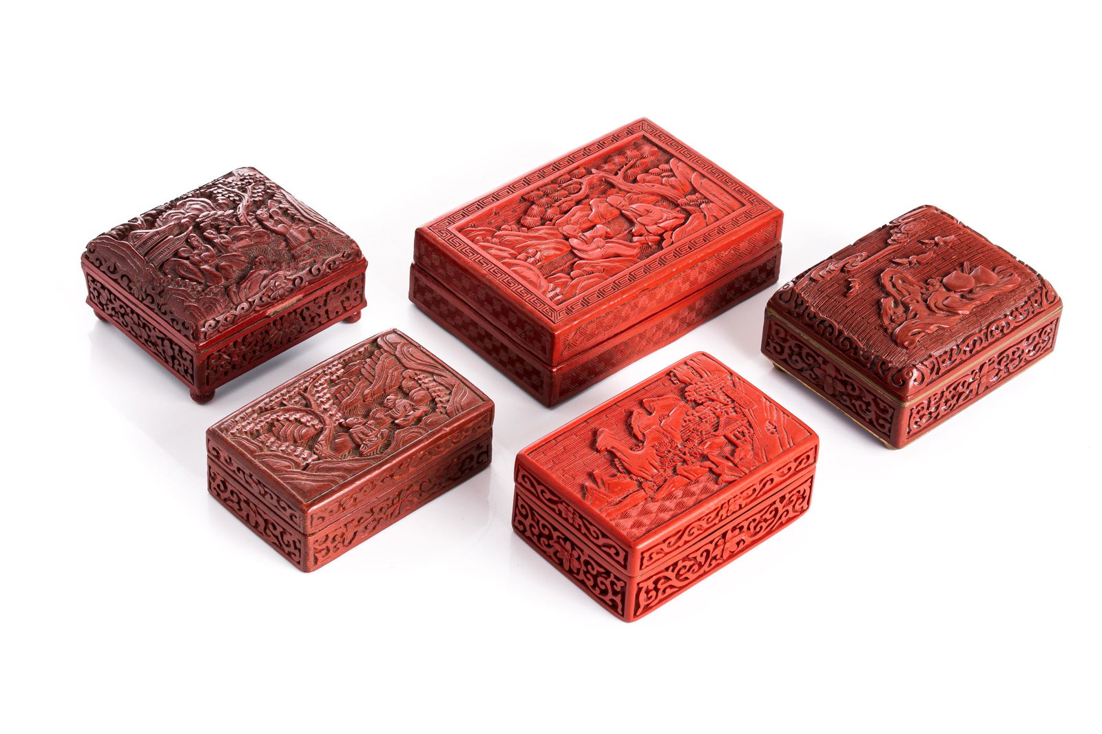 FIVE SMALL CHINESE CARVED RED LACQUER BOXES (1 of 2)