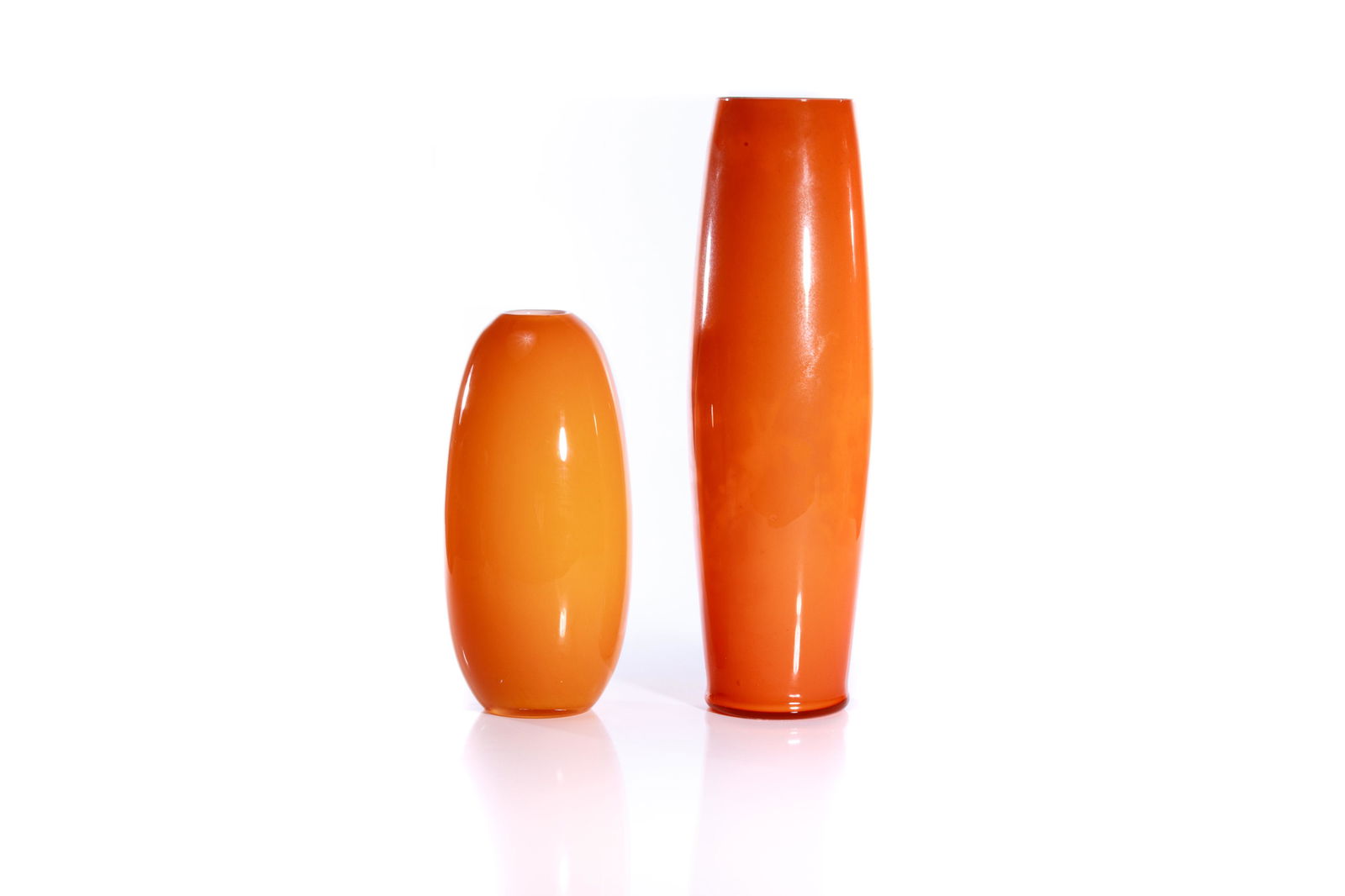 TWO MODERNIST TALL ORANGE GLASS VASES (1 of 2)