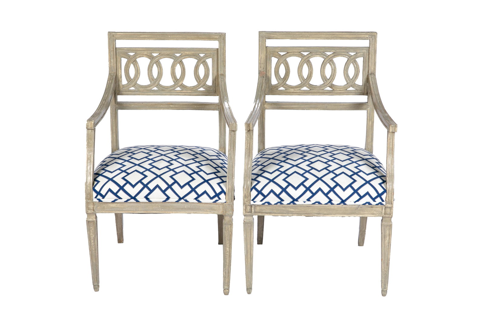 PAIR FRENCH DIRECTOIRE ANTIQUE ARMCHAIRS: With contemporary blue and white lattice pattern woven upholstered seats. H. 36" W. 21 5/8" D. 20"