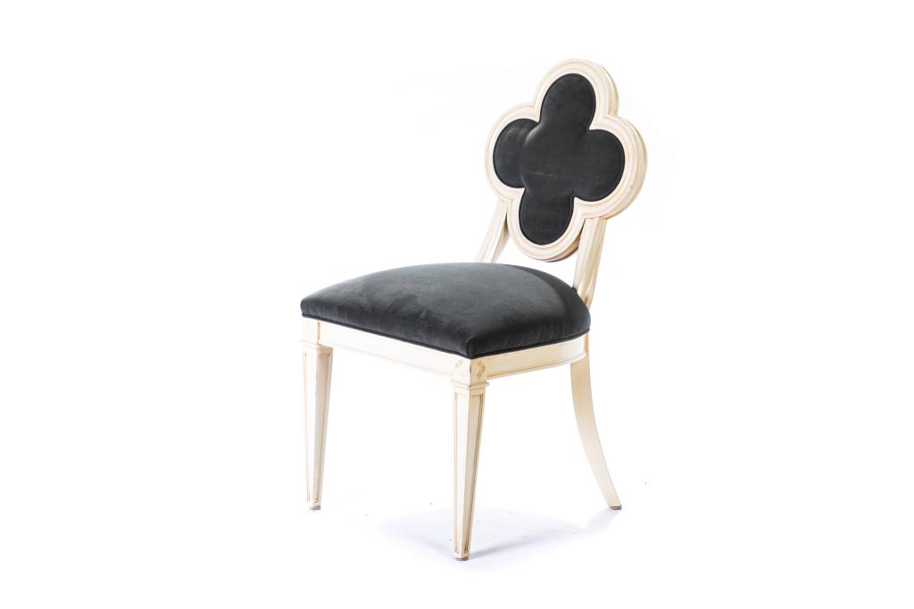 ALEXANDRA SIDE CHAIR BY SUZANNE KASLER: Cream painted wood frame with grey velvet upholstered seat and quatrefoil back. Label to underside: 1516-23 Alexandra Chair, retailed by Elte. H. 34" W. 18 1/2" D. 22 1/2"