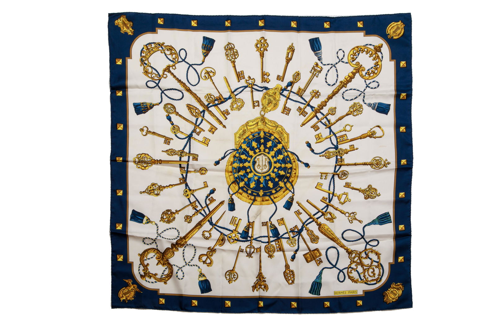VINTAGE HERMES LES CLES BLUE & GOLD SCARF (1 of 3)