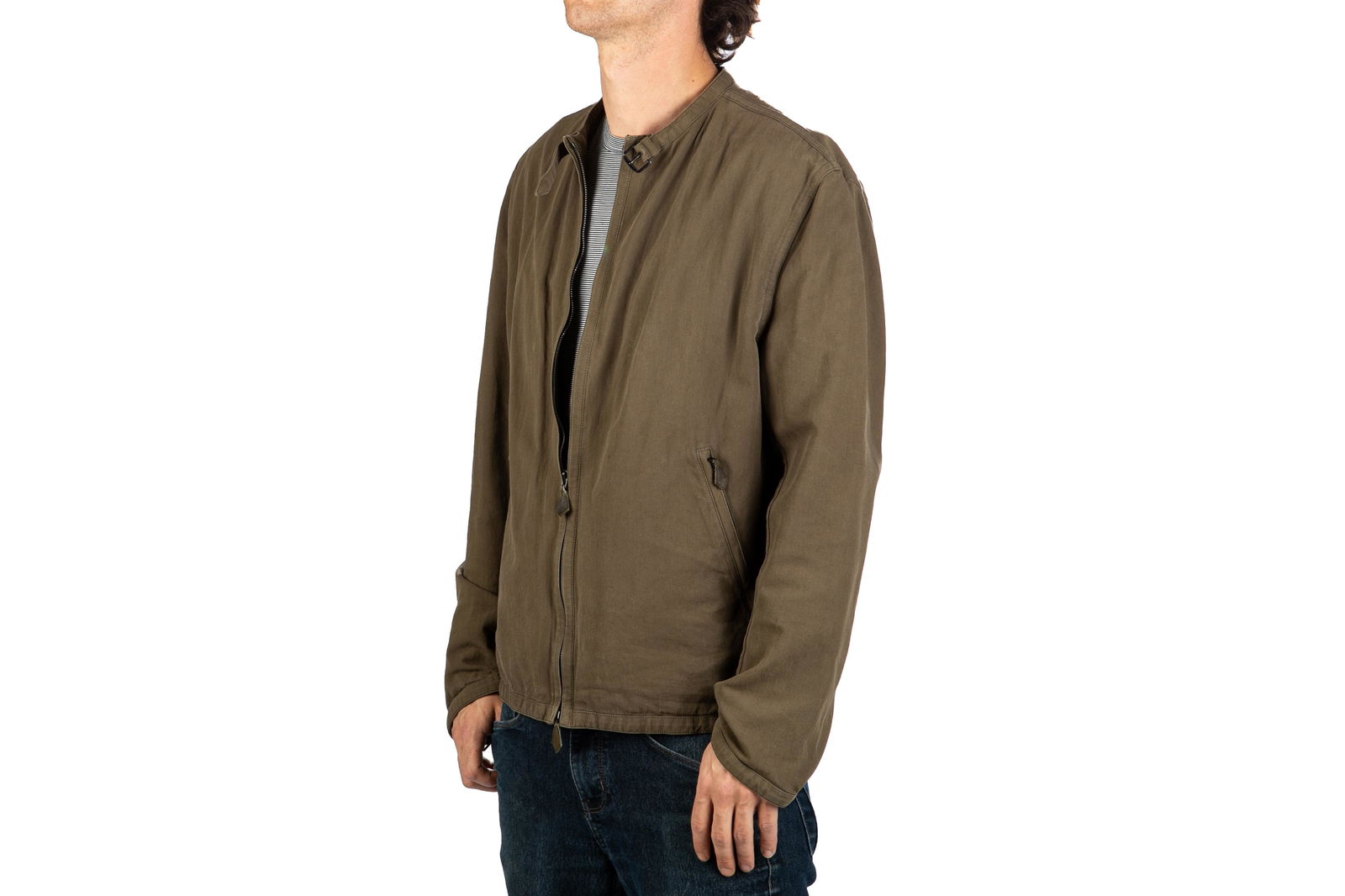 HERMES MEN'S TAN SPRING JACKET: Hermes light weight tan cotton linen jacket. Partially lined in striped blue cotton. Buckle at collar and hem, zip closure and two zip pockets on exterior. Two button pockets in interior. Hermes label